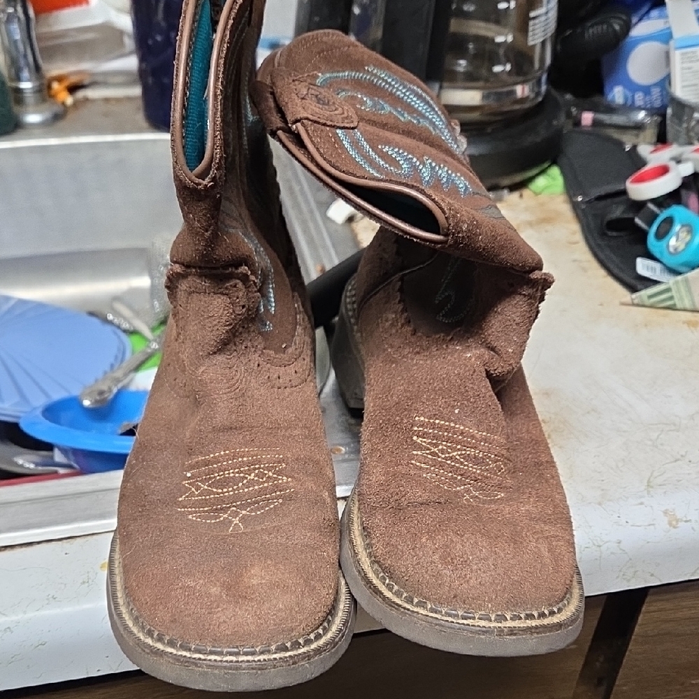 Ariat Kids Brown Western Boots with Blue Stitching